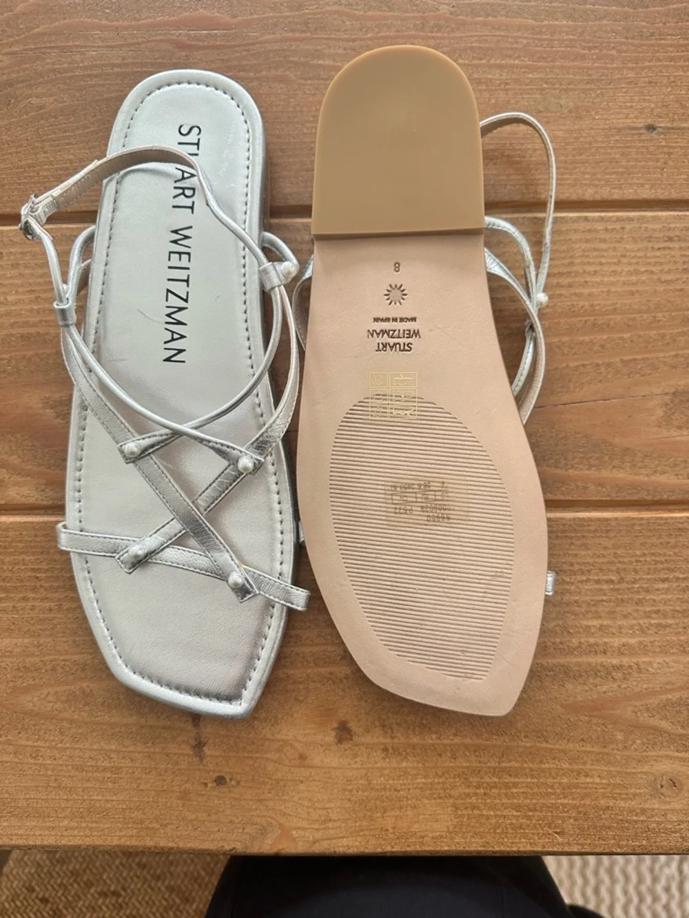 Stuart Weitzman Metallic Silver Strappy Flat Sandals with pearl studs - Picture 2 of 2